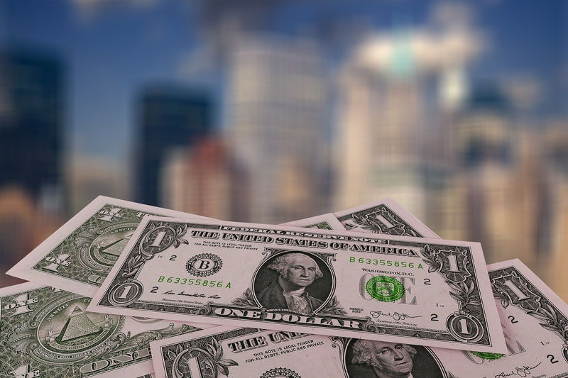 Financial Management - Photo of $1 bills in front of a blurred cityscape.